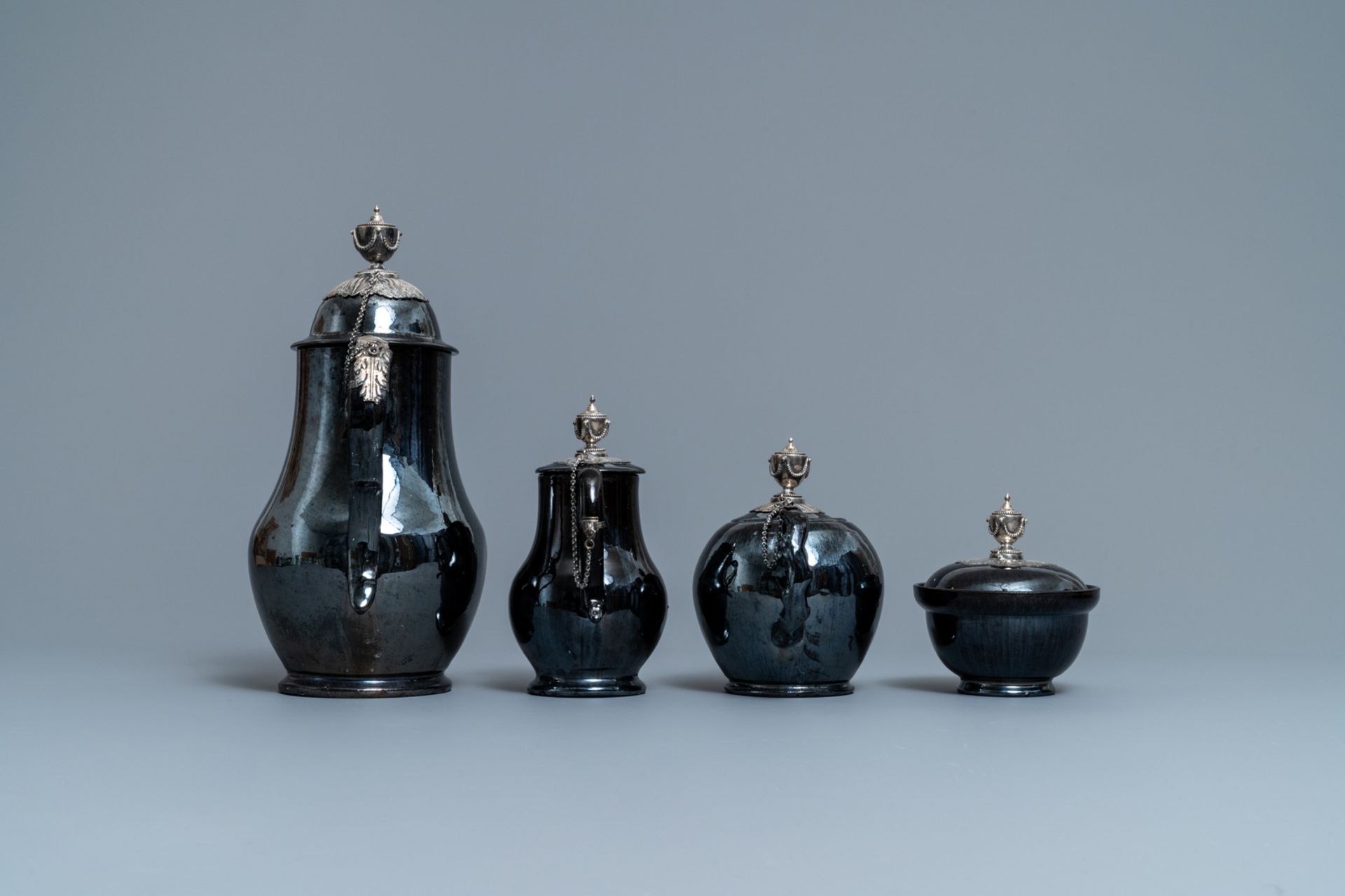 A four-piece silver-mounted Namur black-glazed pottery coffee service, 18th C. - Image 5 of 7