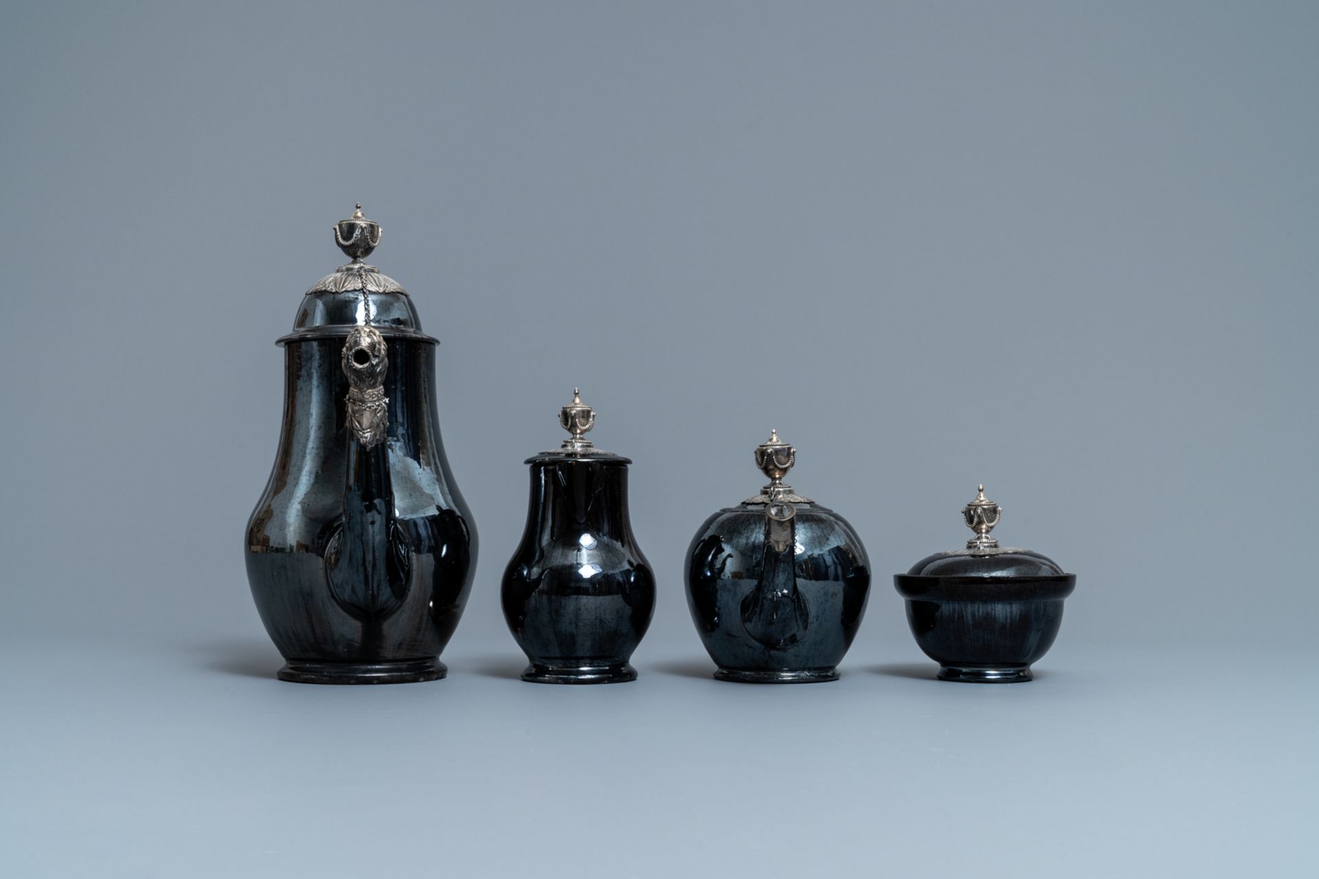 A four-piece silver-mounted Namur black-glazed pottery coffee service, 18th C. - Image 4 of 7