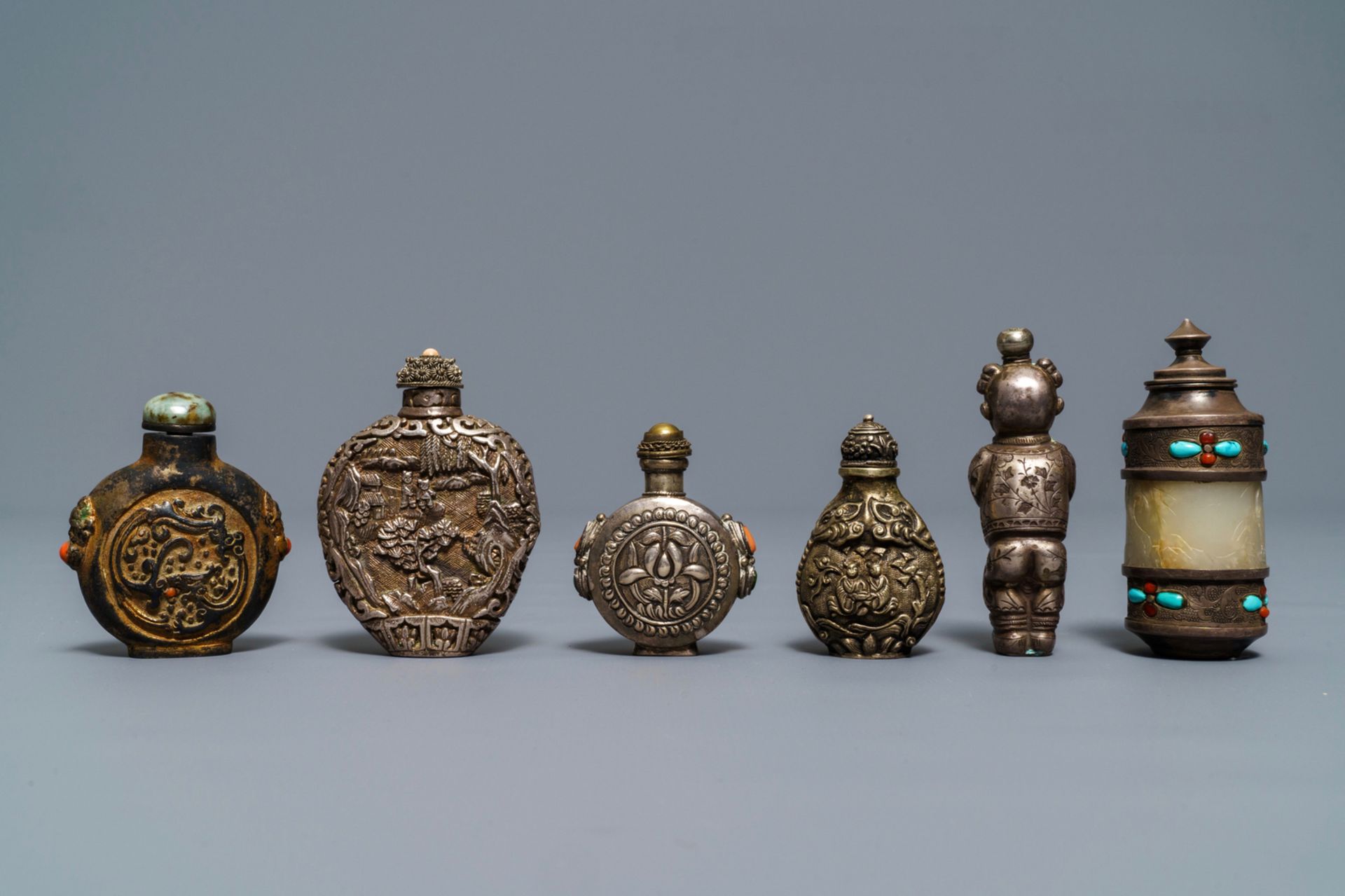 Six Chinese coral and turquoise-inlaid silver and jade snuff bottles, 19/20th C. - Image 4 of 7