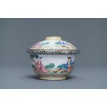 A Chinese Canton enamel 'Europeans' bowl and cover, Qianlong