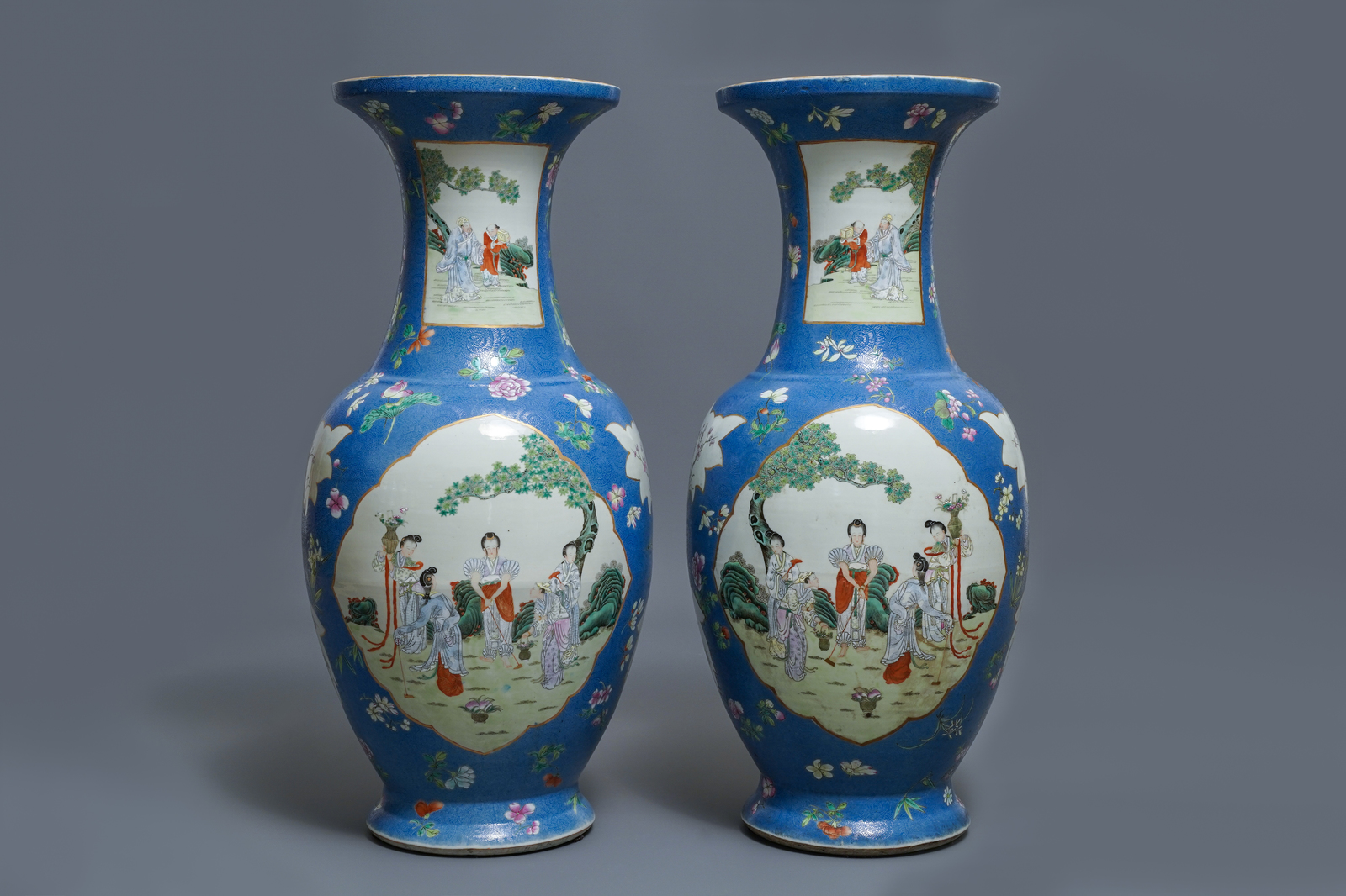 A pair of large Chinese blue-ground famille rose vases with figural design, Qianlong mark, 19th C. - Image 3 of 6