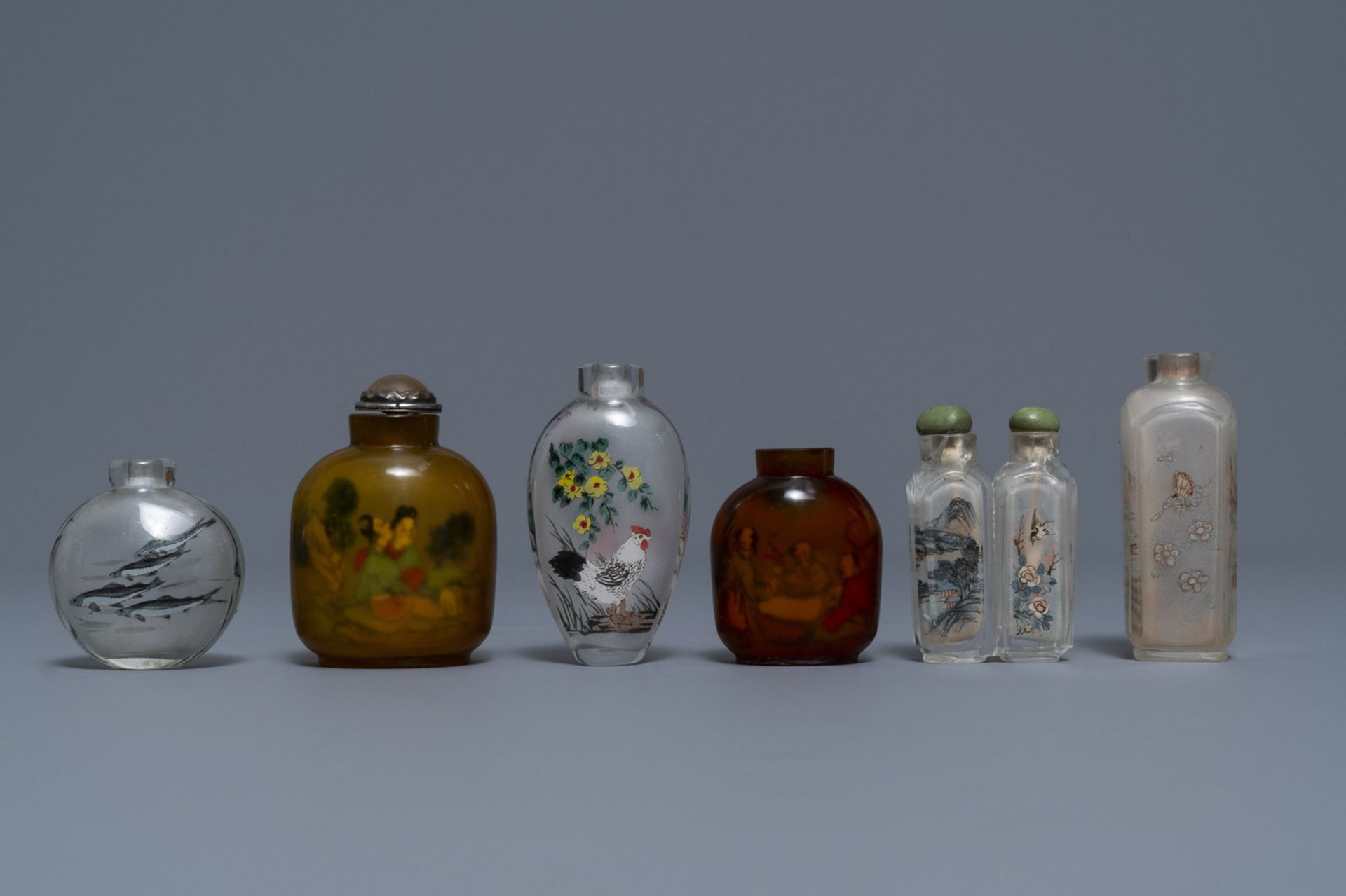 Six Chinese reverse-painted glass snuff bottles, 19/20th C. - Image 2 of 4