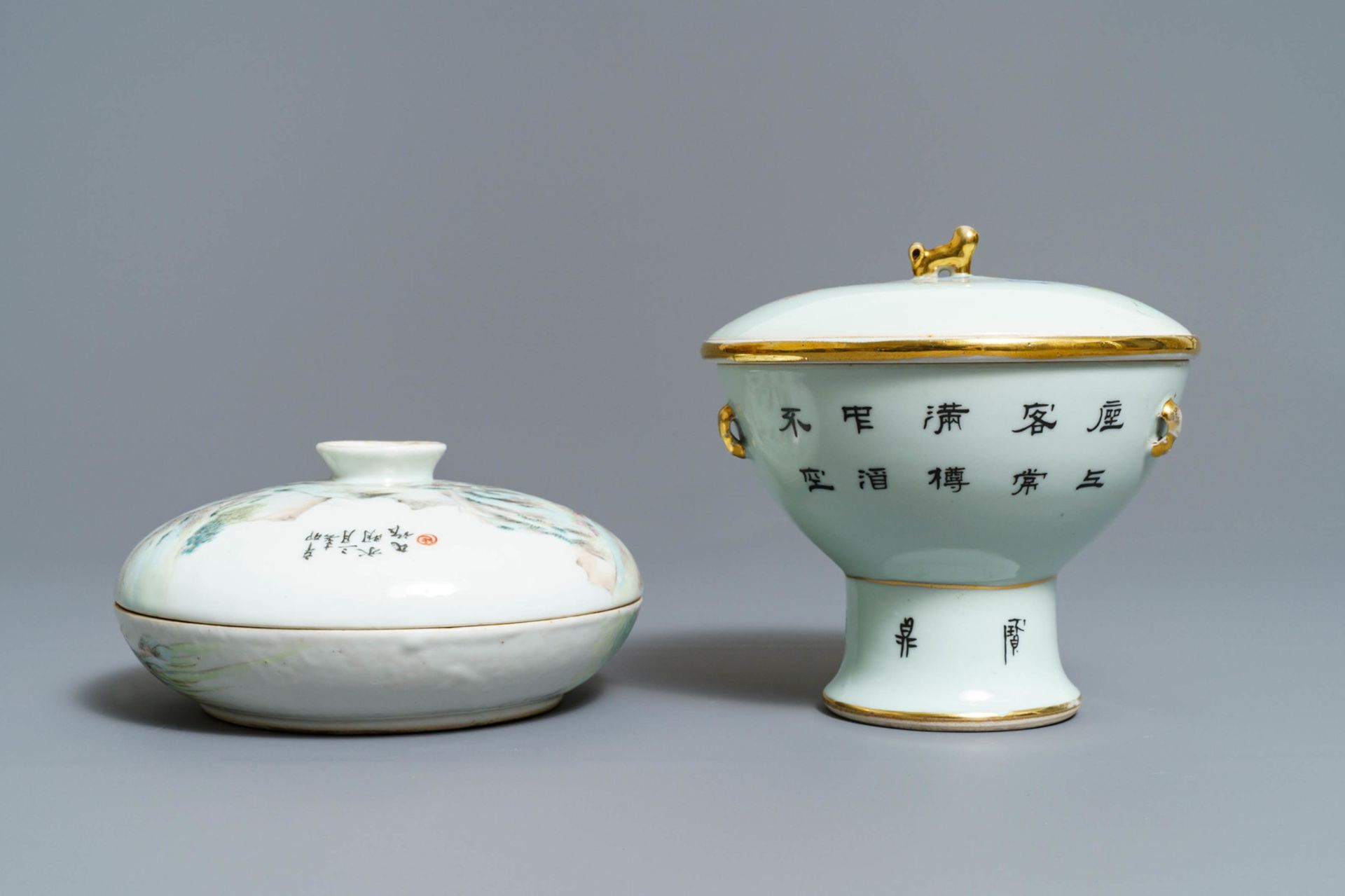 A Chinese qianjiang cai spice box and a warming bowl on foot, 19/20th C. - Image 3 of 10