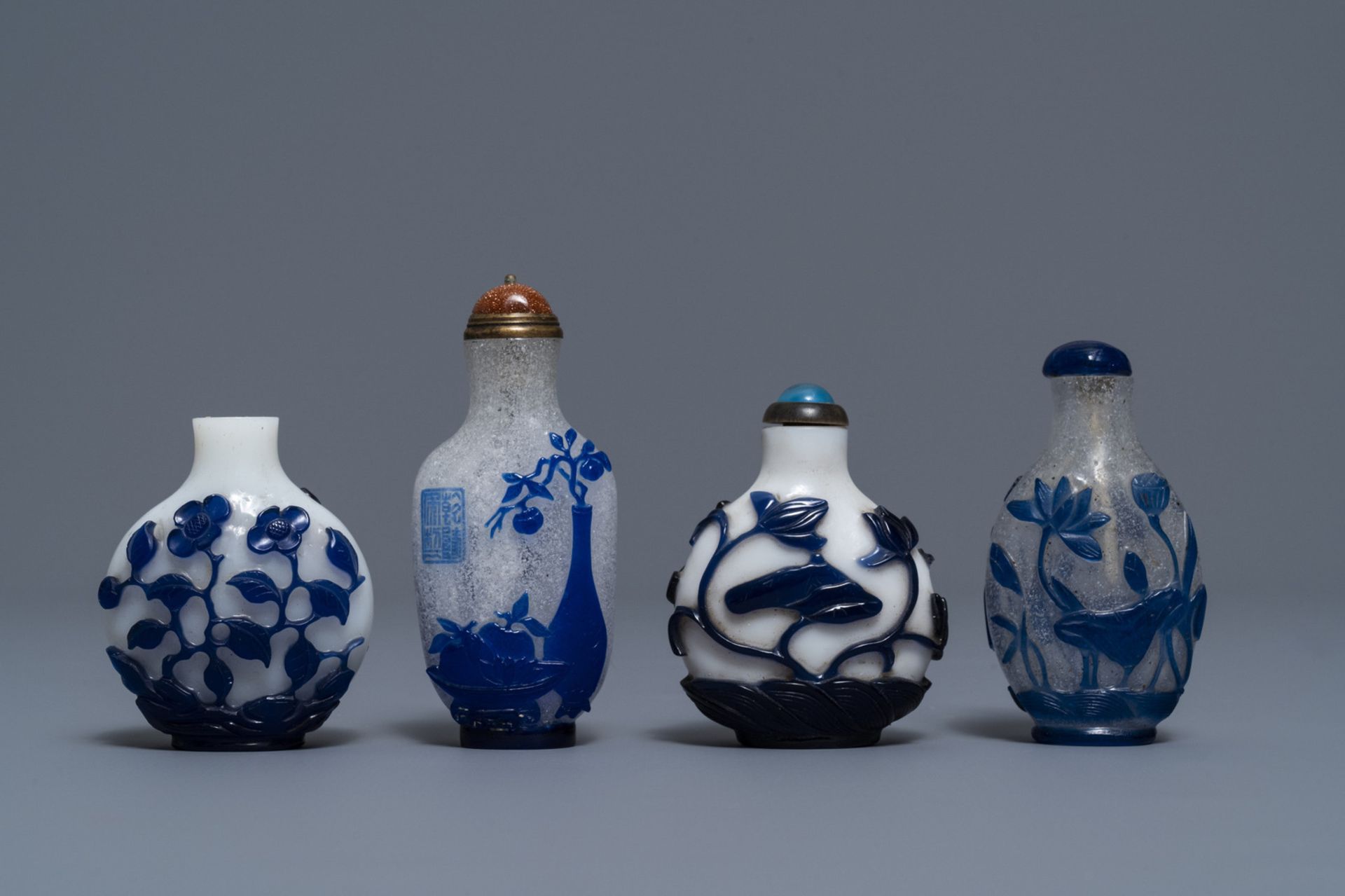Nine various Chinese blue overlay glass snuff bottles, 19/20th C. - Image 6 of 9
