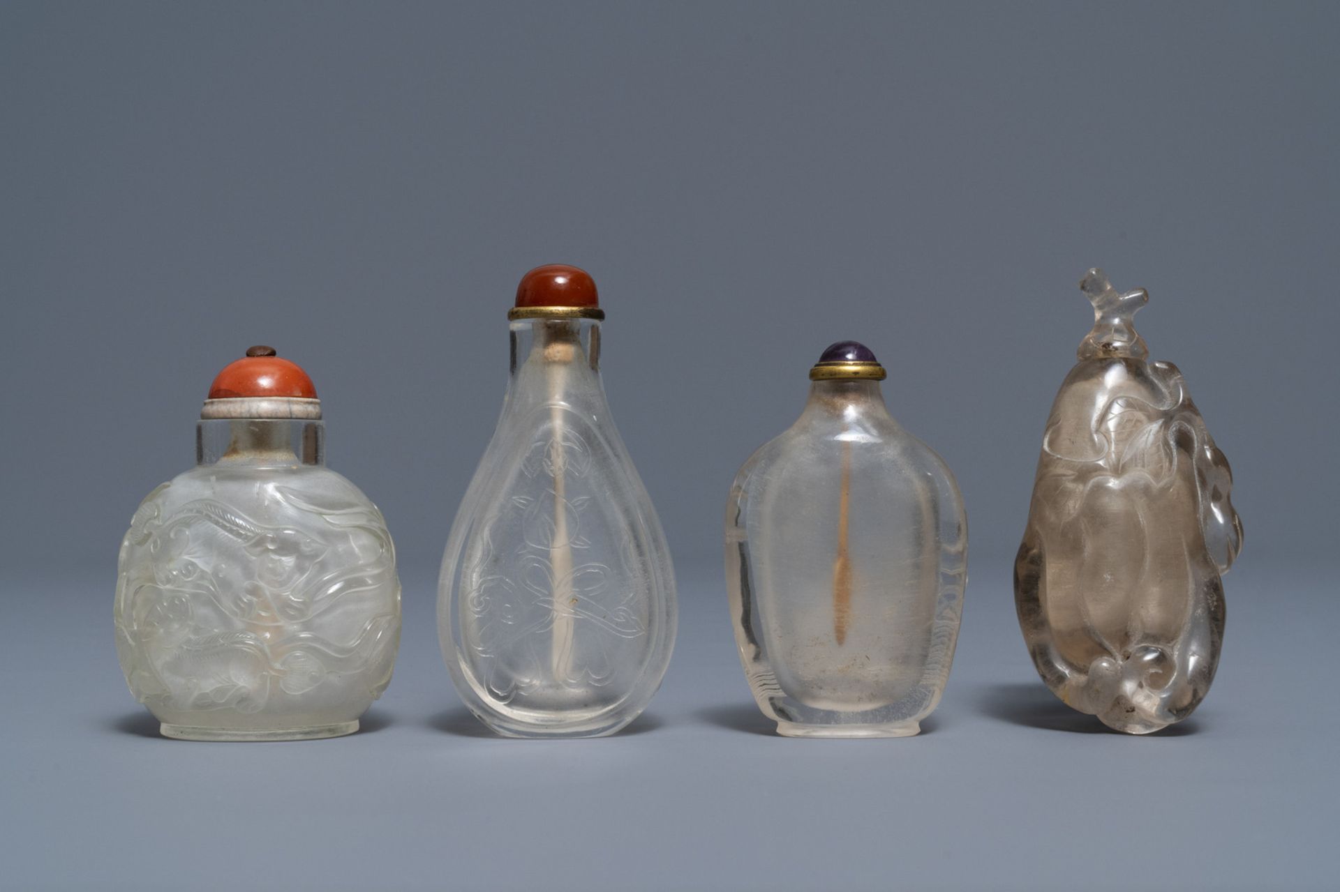 Four Chinese smokey quartz and rock crystal snuff bottles, 18/19th C. - Image 2 of 4