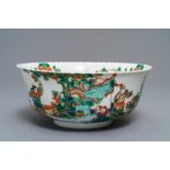 A large Chinese famille verte 'warriors' bowl, 19th C.