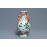 A Chinese famille rose 'millefleurs' landscape vase, Qianlong mark, Republic, 20th C.