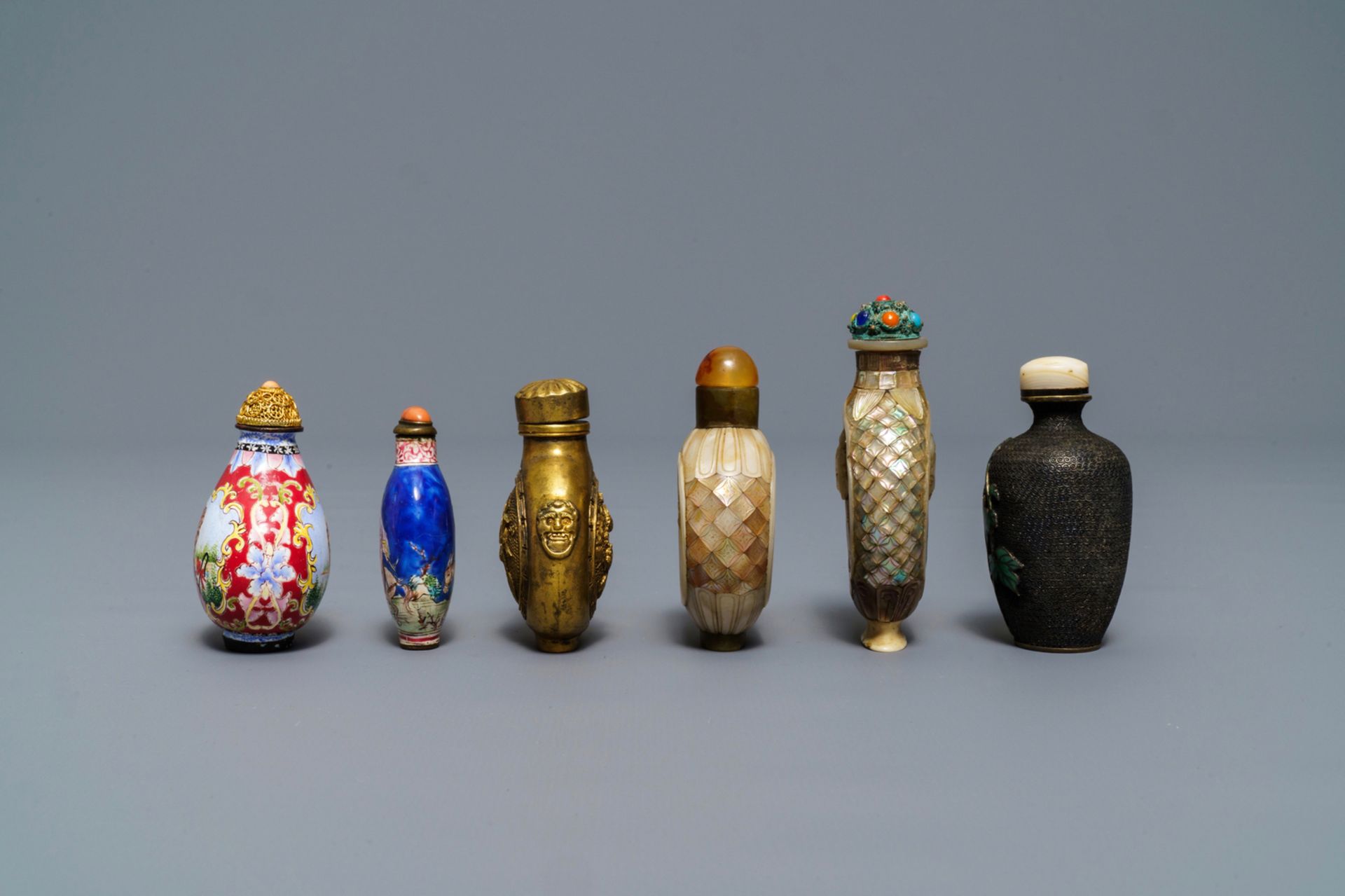 Six Chinese Canton and Beijing enamel, mother of pearl and gilt brass snuff bottles, 18/19th C. - Image 3 of 7