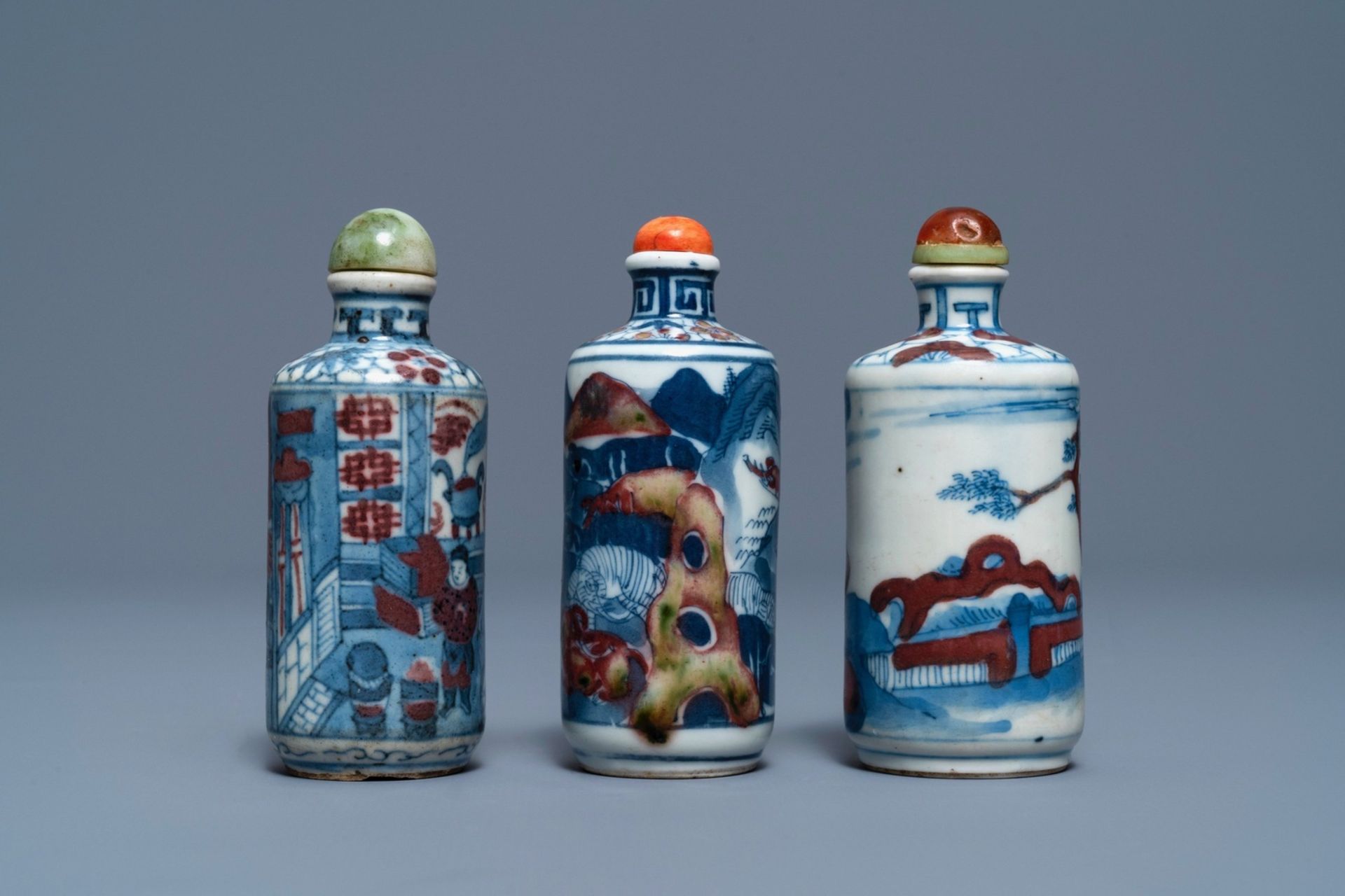 Three Chinese blue, white and underglaze red snuff bottles, Yongzheng marks, 19th C. - Image 2 of 4