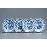 Four Chinese blue and white 'Romance of the Western Chamber' plates, Yongzheng