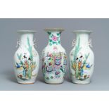 A pair of Chinese famille rose vases and one with antiquities design, 19/20th C.