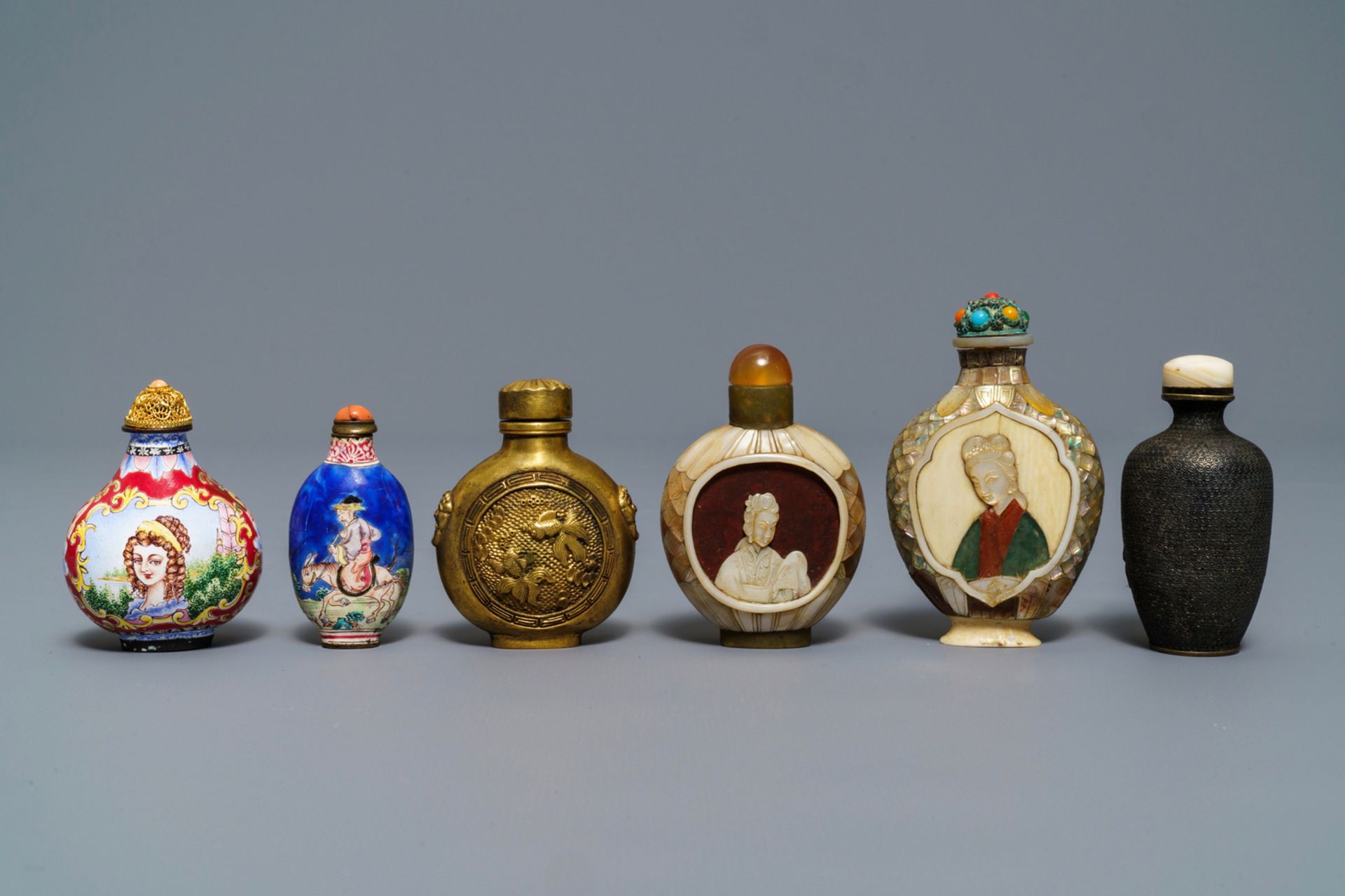 Six Chinese Canton and Beijing enamel, mother of pearl and gilt brass snuff bottles, 18/19th C. - Image 4 of 7