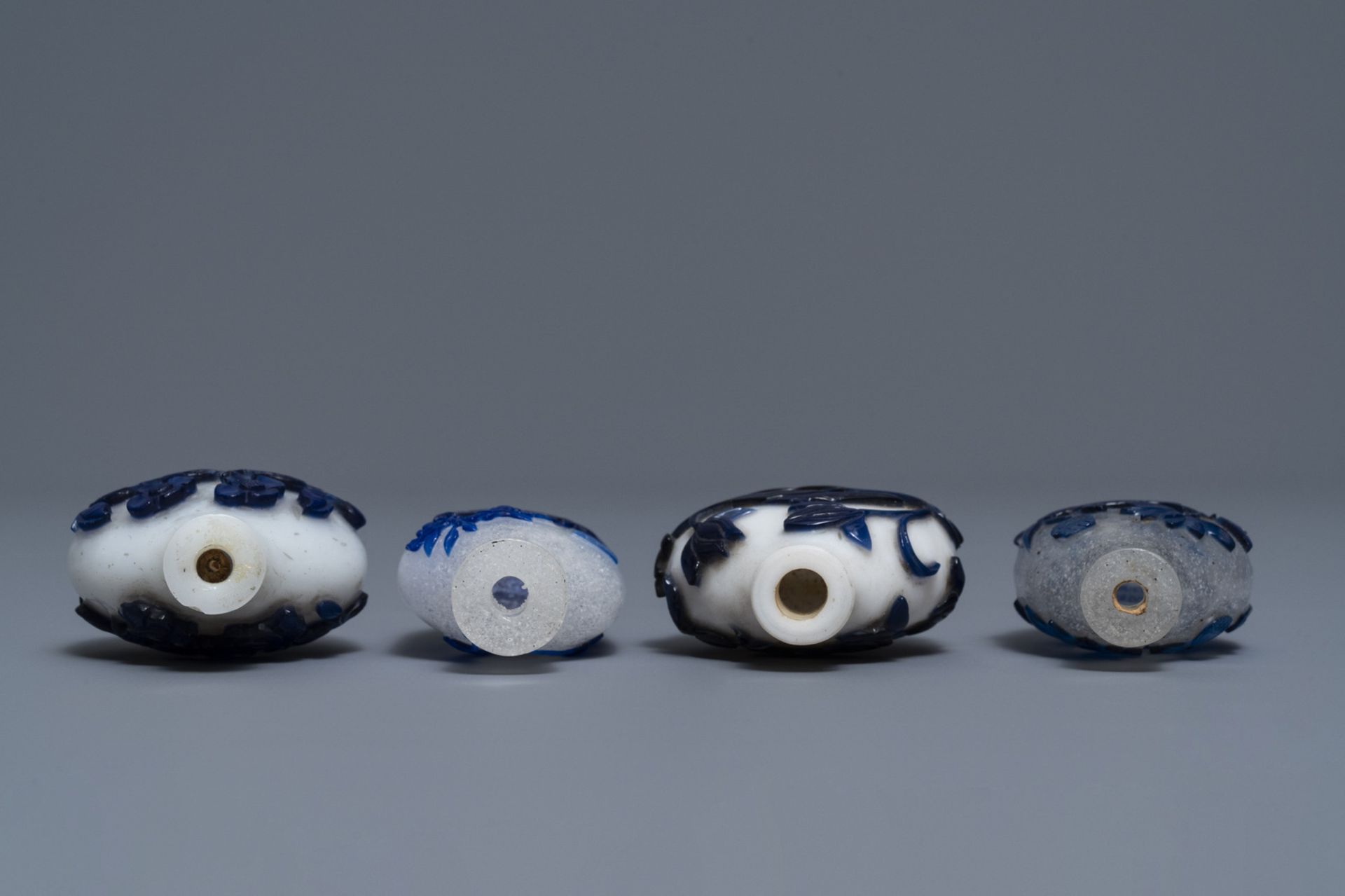 Nine various Chinese blue overlay glass snuff bottles, 19/20th C. - Image 8 of 9