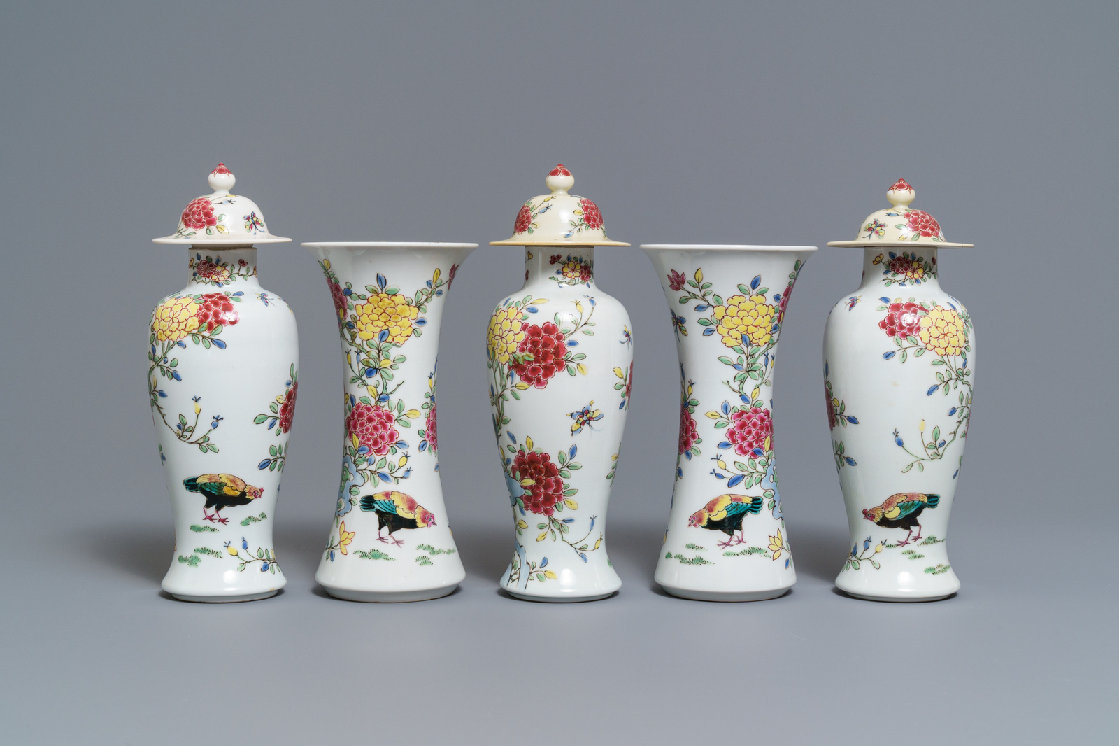 A famille rose-style five-piece garniture with roosters and chickens, Samson, Paris, 19th C. - Image 3 of 6