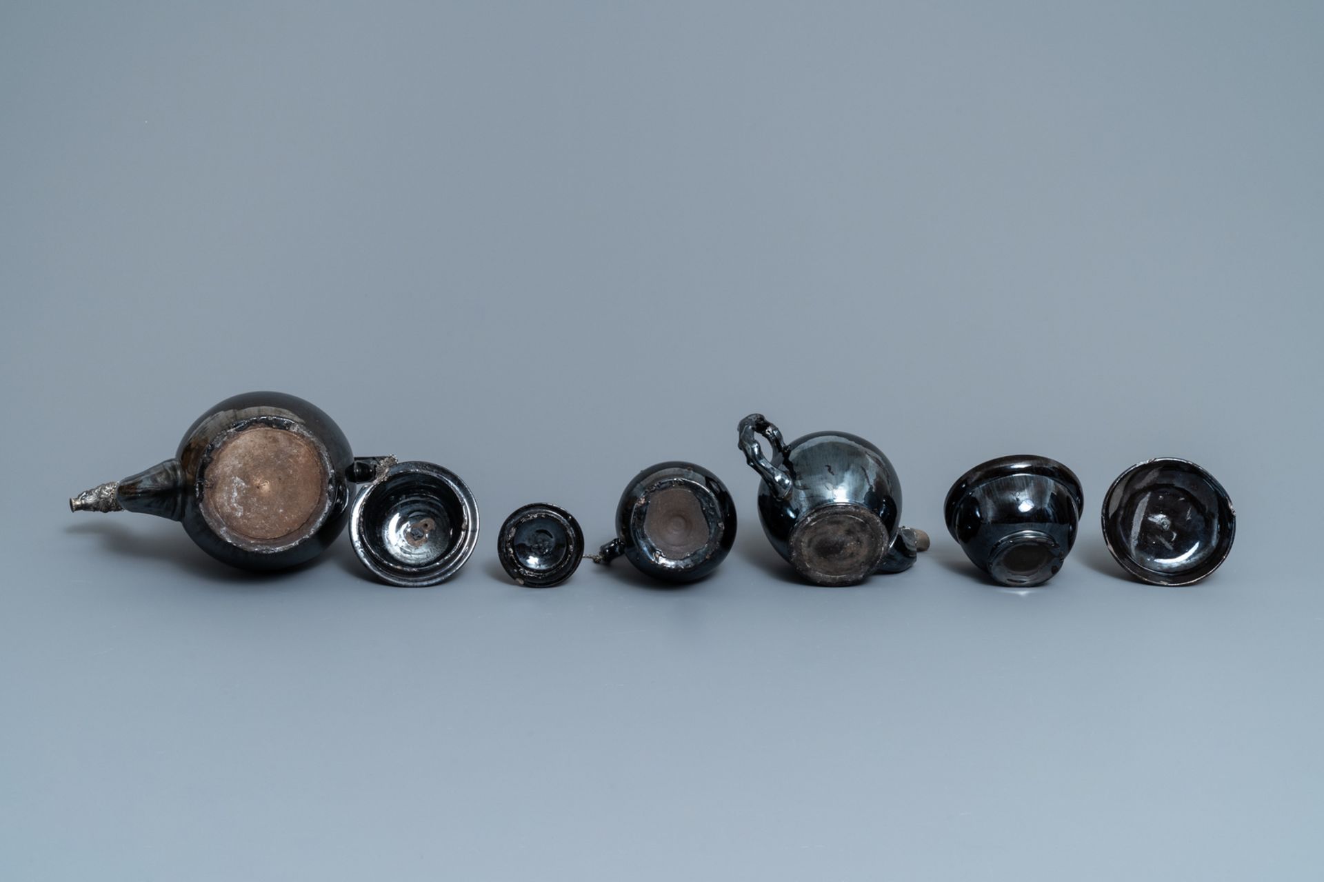 A four-piece silver-mounted Namur black-glazed pottery coffee service, 18th C. - Image 7 of 7