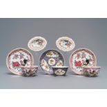 Three Chinese famille rose cups and saucers and a pair of salts, Qianlong and later