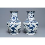 A pair of Chinese blue and white octagonal 'Three friends of winter' vases, 19th C.