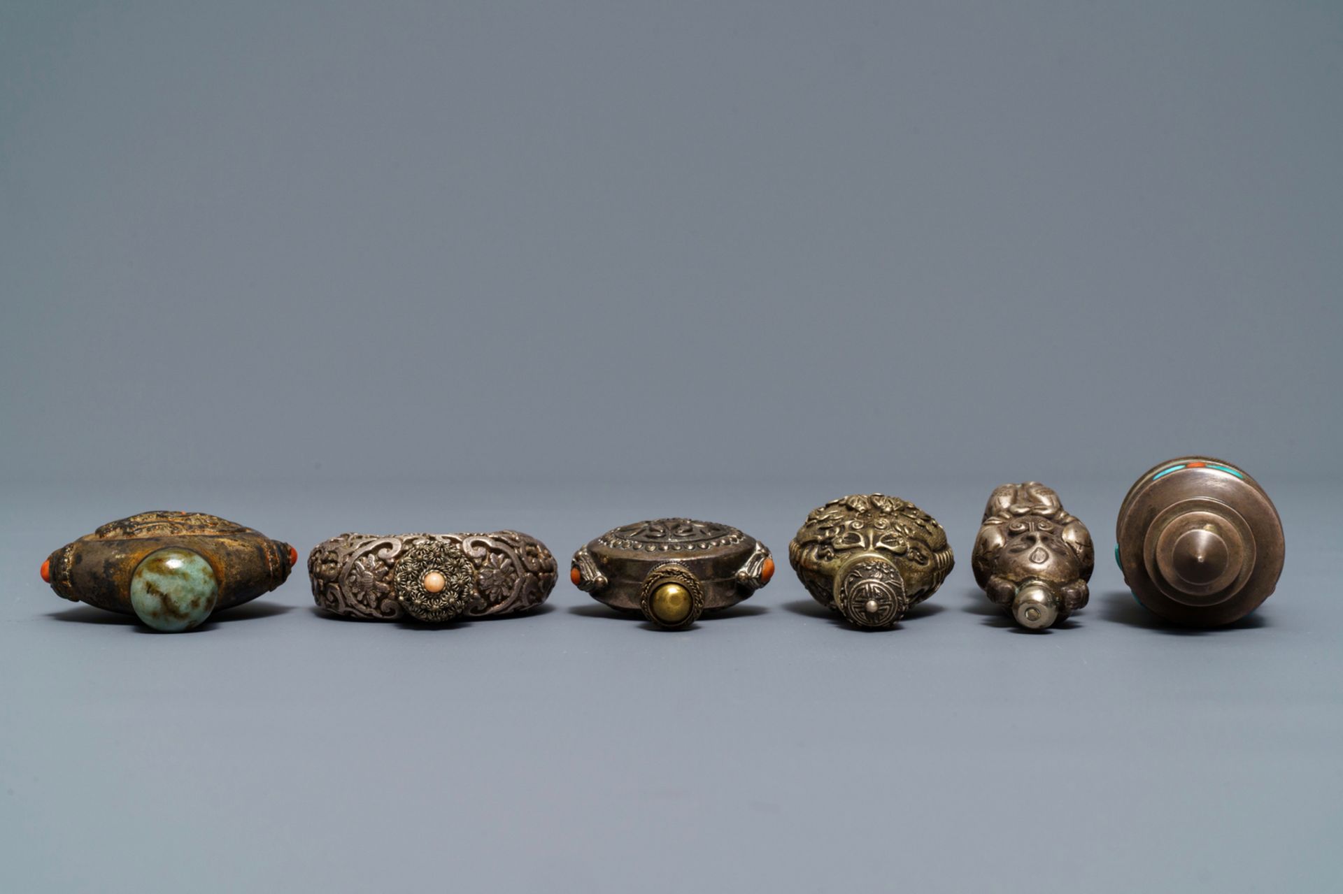 Six Chinese coral and turquoise-inlaid silver and jade snuff bottles, 19/20th C. - Image 7 of 7