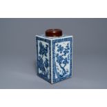 A large square Chinese blue and white tea caddy with floral design, Kangxi