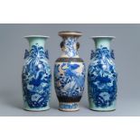 A pair of Chinese blue and white celadon-ground vases and a Nanking crackle-glazed vase, 19th C.