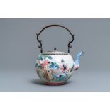 A Chinese Canton enamel kettle with figures in a garden, Yongzheng