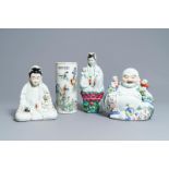 Three Chinese famille rose figures and a qianjiang cai hat stand, 19/20th C.