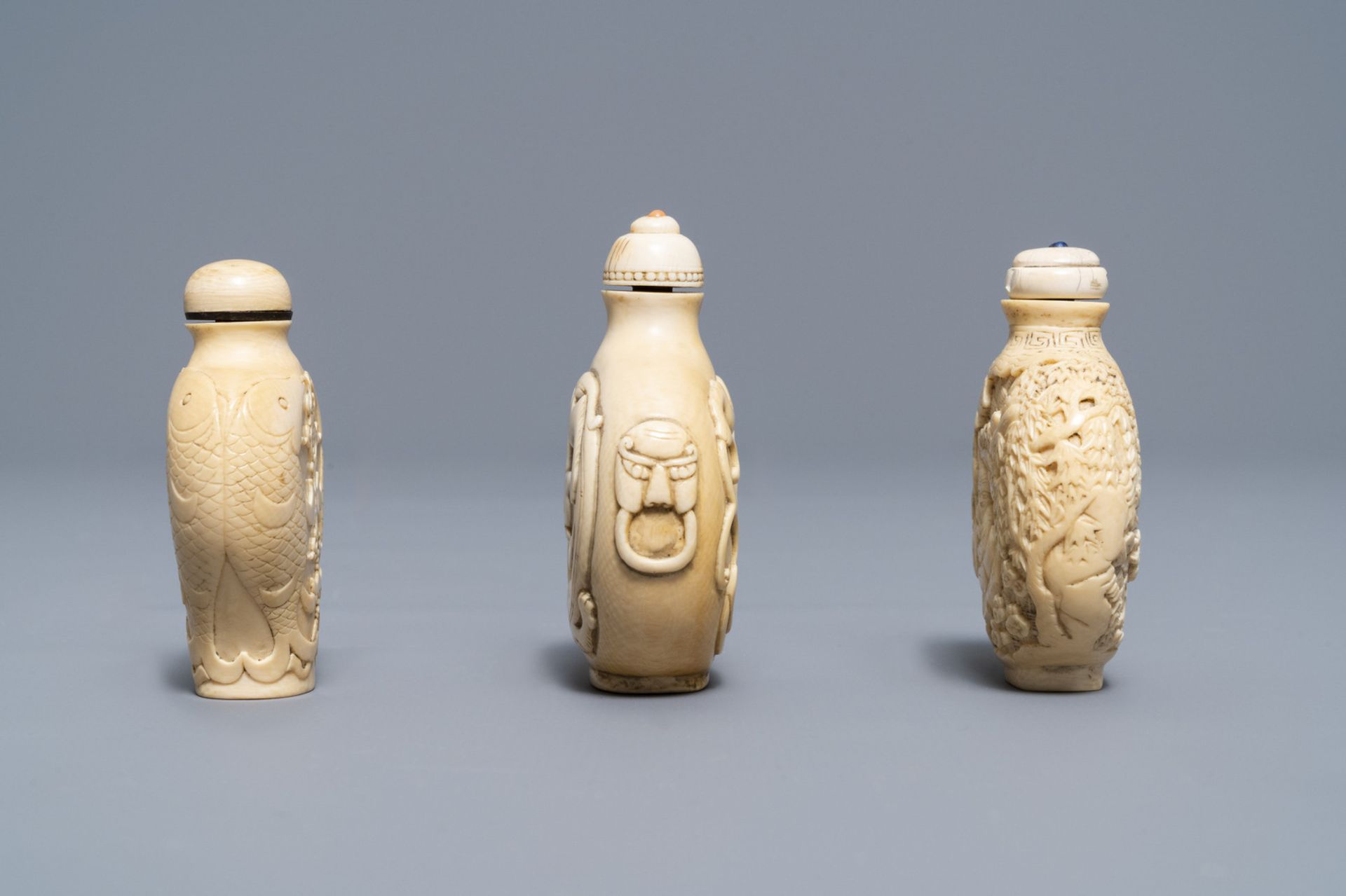Three Chinese carved ivory snuff bottles, 19th C. - Image 4 of 7