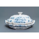 A blue and white Brussels faience tureen and cover, 18th C.