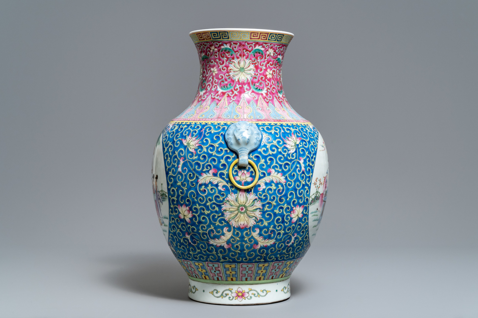 A large Chinese famille rose 'hu' vase, Qianlong mark, Republic, 20th C. - Image 3 of 7