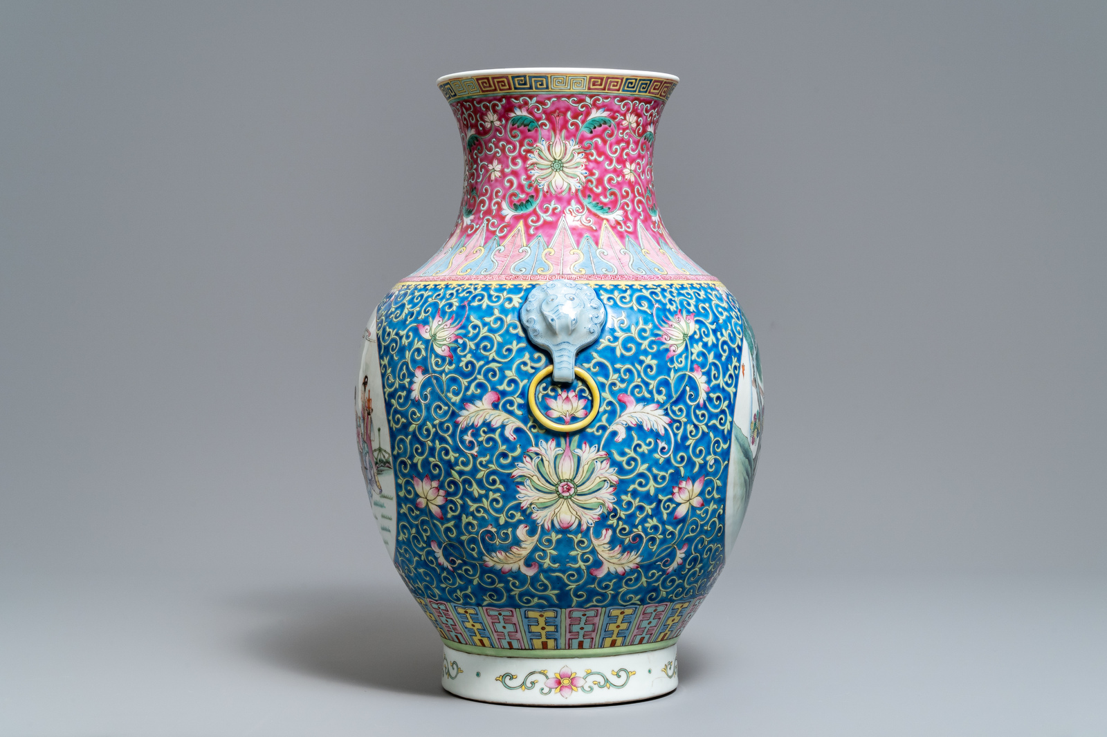 A large Chinese famille rose 'hu' vase, Qianlong mark, Republic, 20th C. - Image 5 of 7
