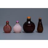 Four Chinese cherry red and pink glass snuff bottles, 19/20th C.