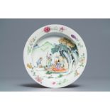 A fine Chinese famille rose 'ruby back' plate with figures and boats, Yongzheng