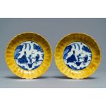 A pair of lobed Chinese blue and white yellow edge plates, 'hare' mark, Wanli