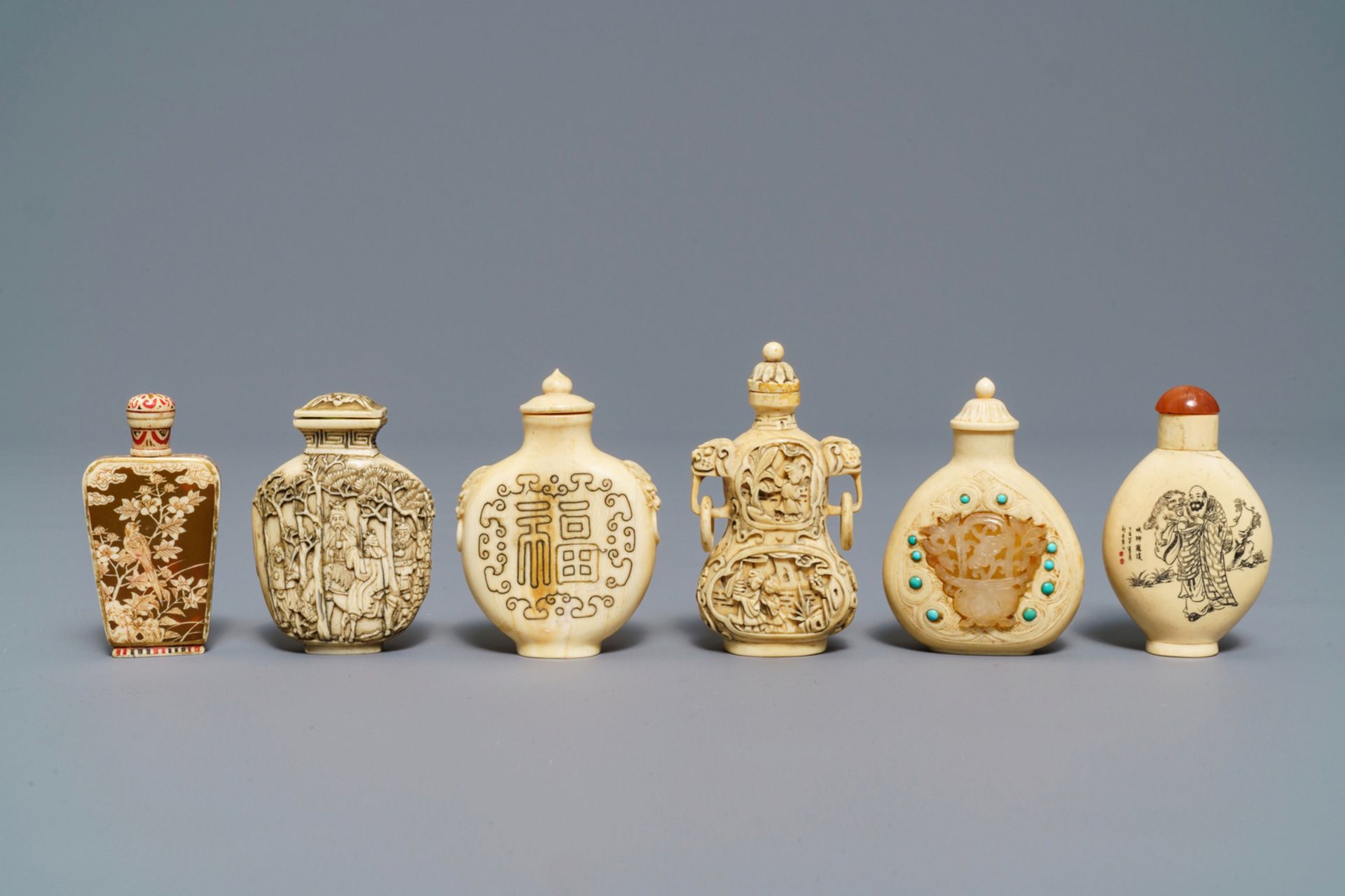 Six Chinese carved ivory snuff bottles, 19/20th C. - Image 2 of 7