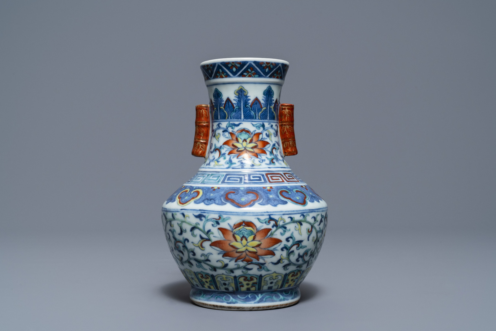 A Chinese doucai 'hu' vase, Qianlong mark, 19/20th C.