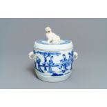 A Chinese blue and white covered bowl with ladies in a garden, Kangxi
