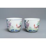 A pair of Chinese famille rose 'chicken' cups, Qianlong mark, late Qing or Republic