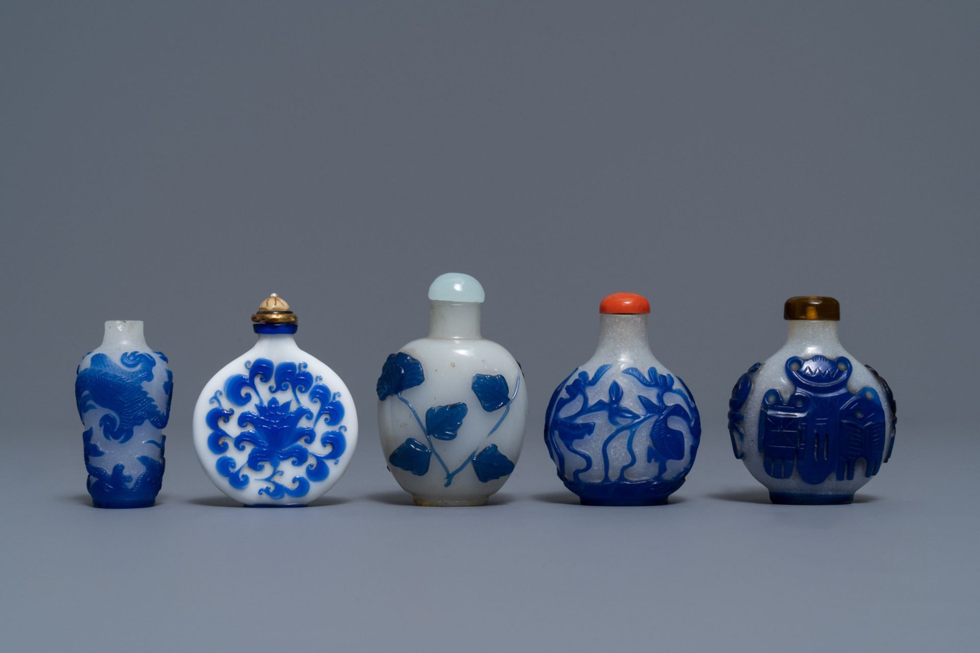 Nine various Chinese blue overlay glass snuff bottles, 19/20th C. - Image 2 of 9