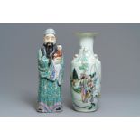 A Chinese famille rose vase and a figure of Fu Xing, 19th C.