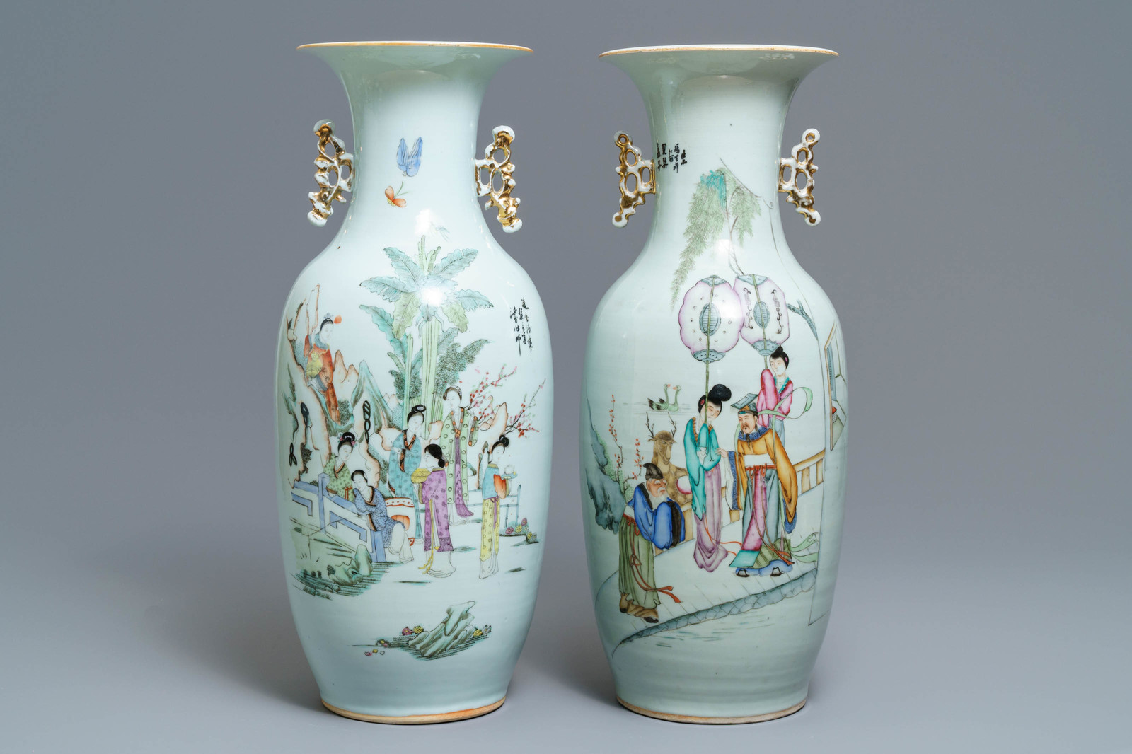 Two Chinese famille rose vases with figures in a garden, 19/20th C.