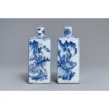 A pair of square Chinese blue and white 'immortals' tea caddies, Wanli