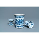 A Chinese blue and white brush pot and a pair of sanders, Kangxi