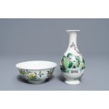 A Chinese famille verte vase and an 'anhua' dragon bowl, Kangxi mark, 19th C.