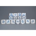 Fifteen Dutch Delft blue and white tiles with horseriders and animals, 17/18th C.