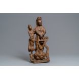 A Chinese carved stone 'Guanyin and attendant' group, Ming/Qing