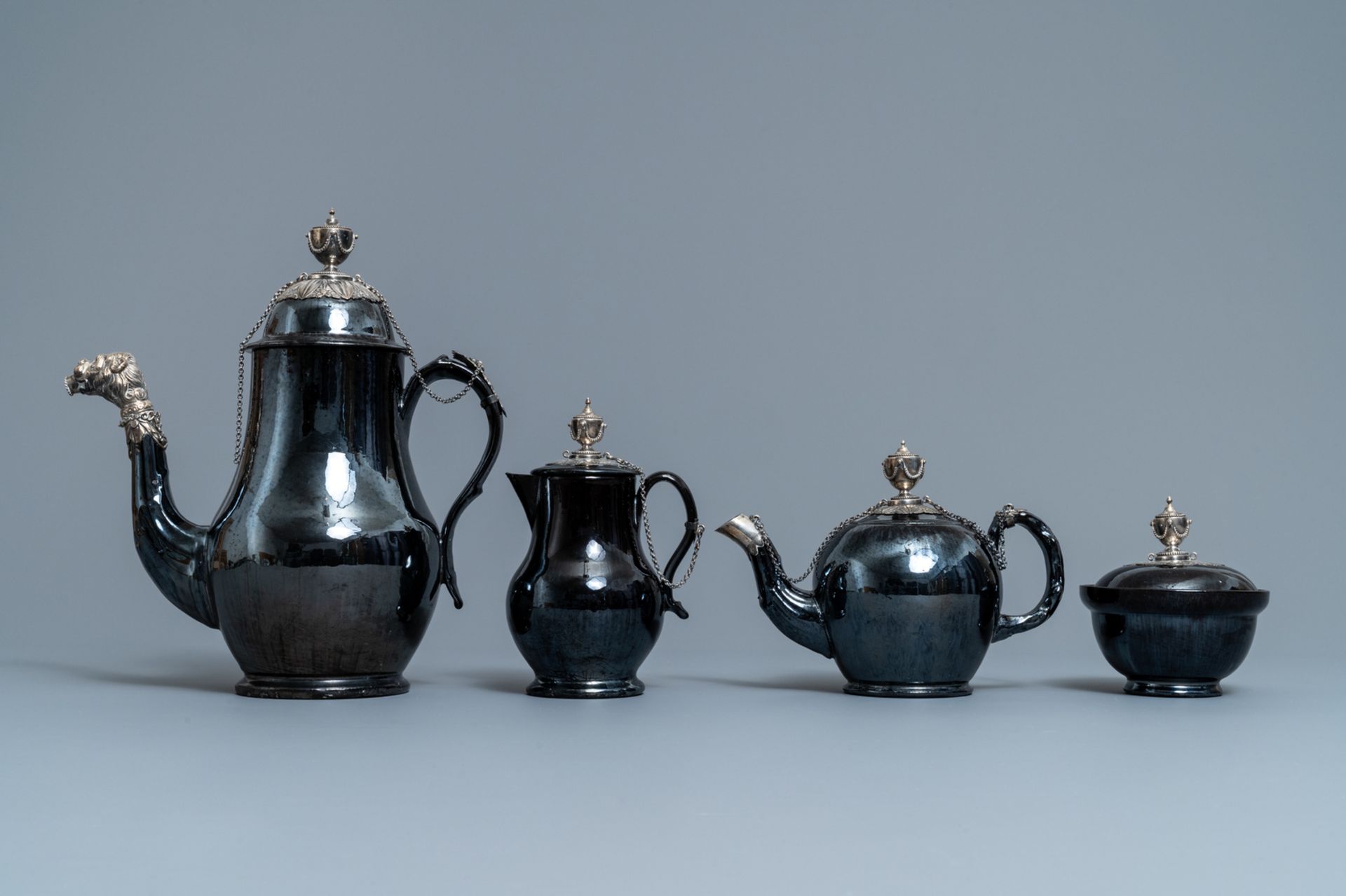 A four-piece silver-mounted Namur black-glazed pottery coffee service, 18th C. - Image 3 of 7