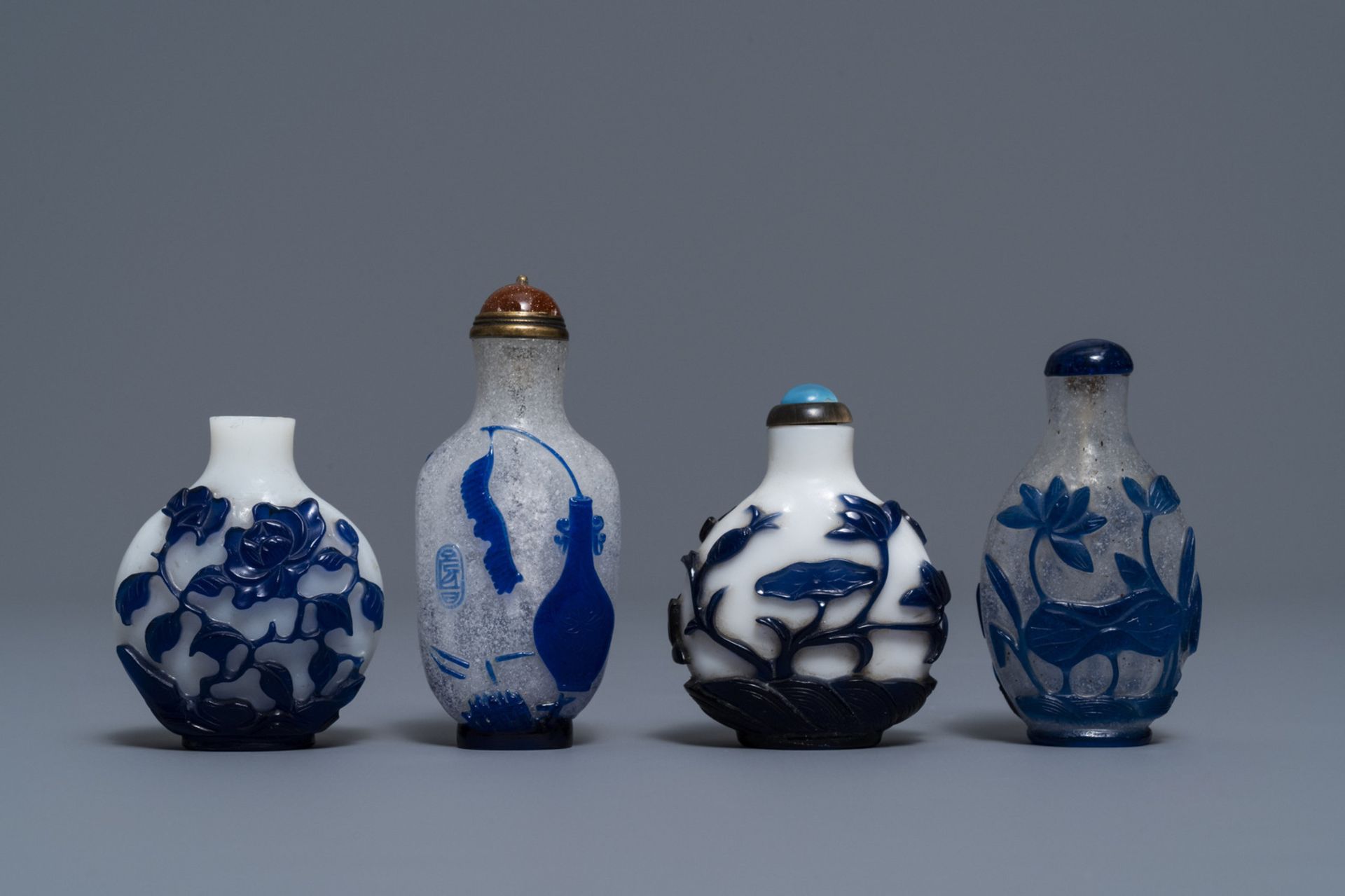 Nine various Chinese blue overlay glass snuff bottles, 19/20th C. - Image 7 of 9