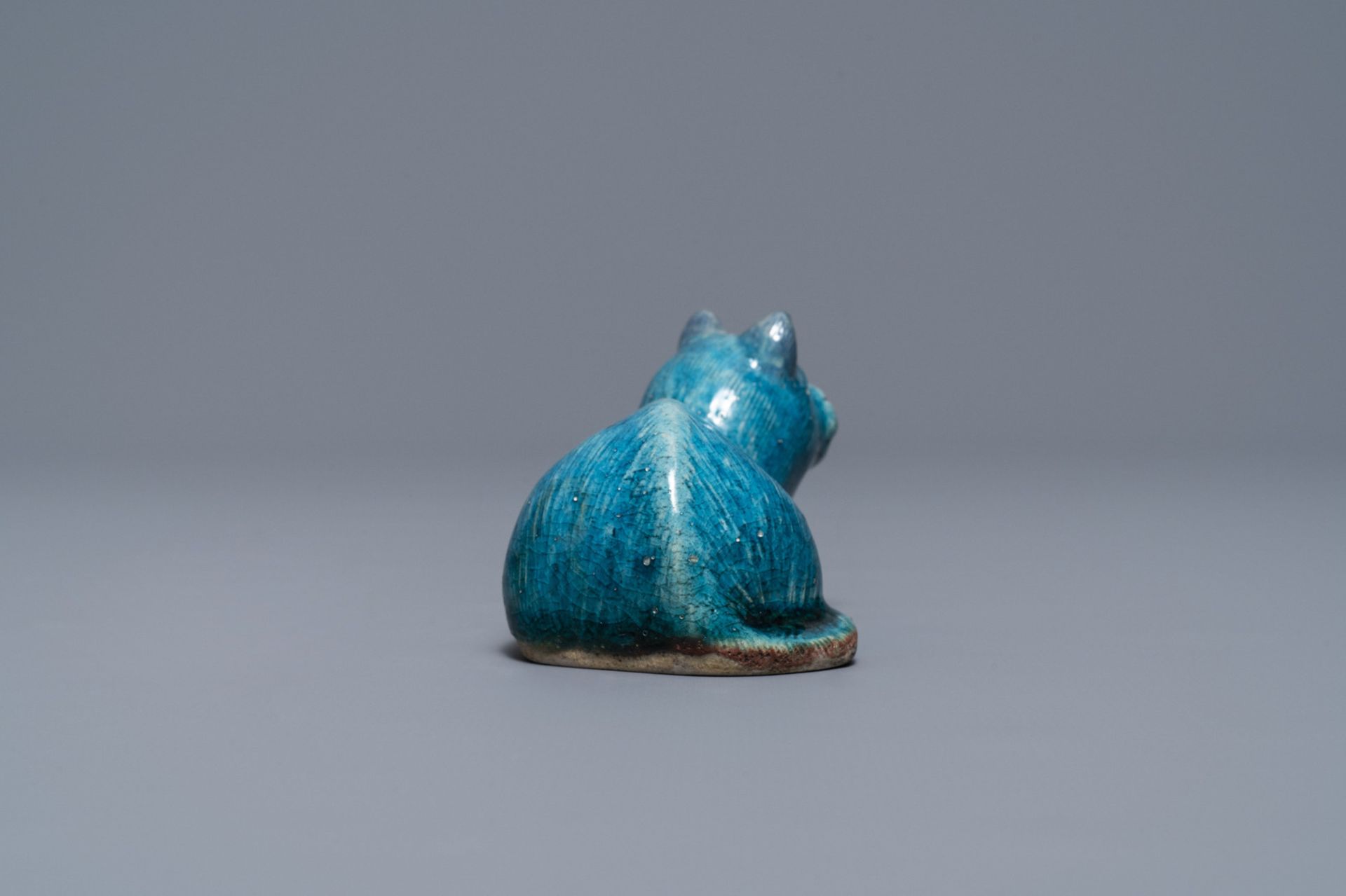 A Chinese turquoise glazed model of a toad, a cat & a blue and white snuff bottle, Kangxi & 19th C. - Image 9 of 19