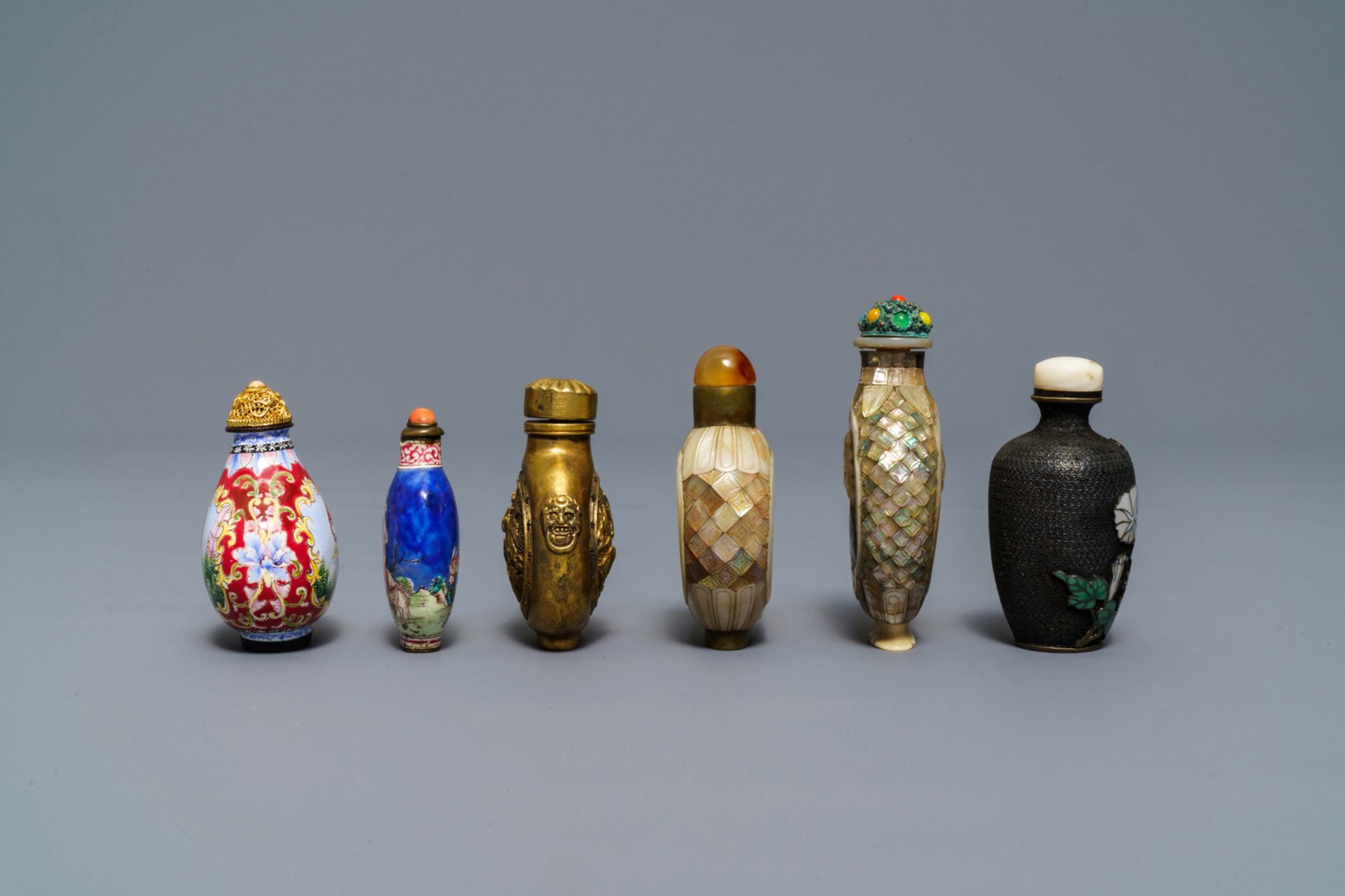 Six Chinese Canton and Beijing enamel, mother of pearl and gilt brass snuff bottles, 18/19th C. - Image 5 of 7