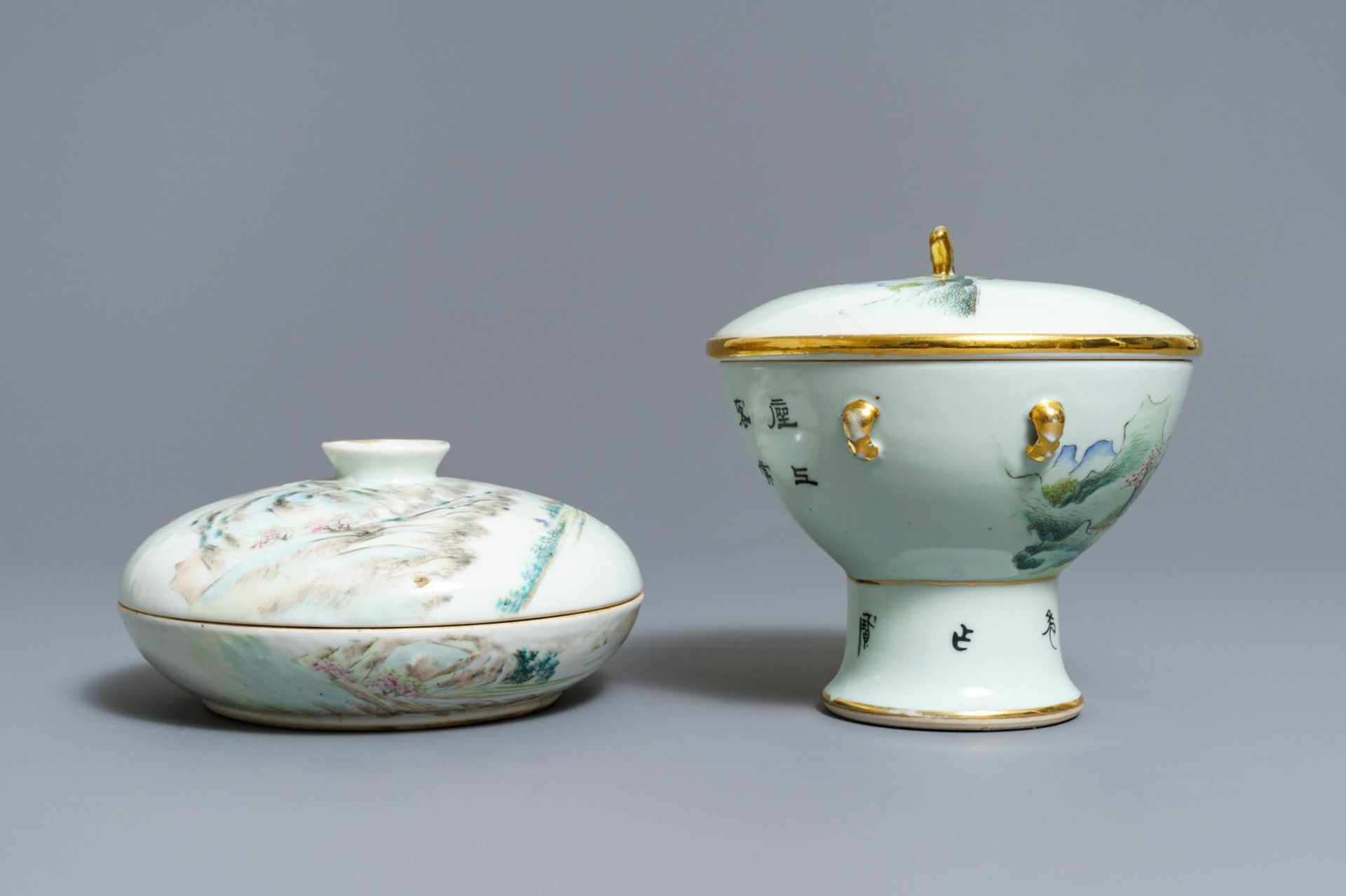 A Chinese qianjiang cai spice box and a warming bowl on foot, 19/20th C. - Image 2 of 10